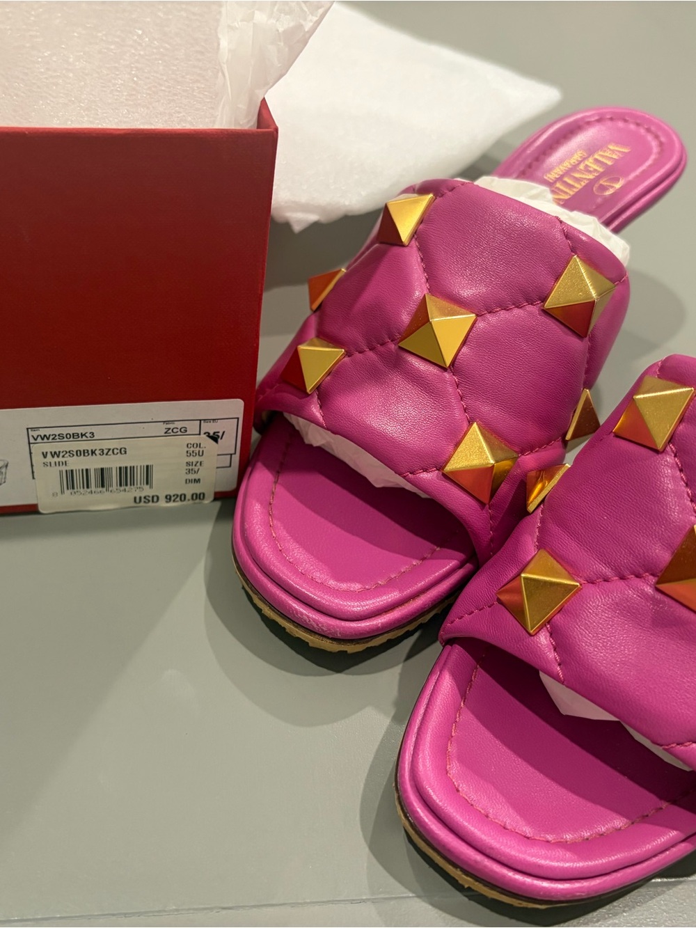 Valentino Garavani Fuchsia Quilted Slide Sandals with Gold Studs